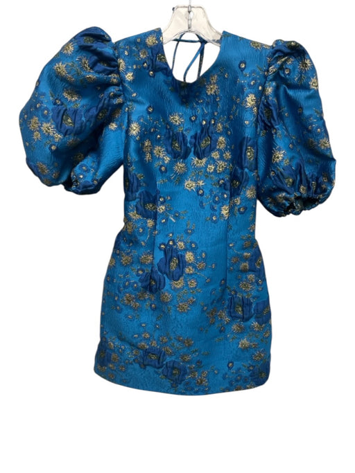 Ganni Size 32/S Blue & Gold Polyester Blend Square Neck Short Puff Sleeve Dress Blue & Gold / 32/S