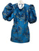 Ganni Size 32/S Blue & Gold Polyester Blend Square Neck Short Puff Sleeve Dress Blue & Gold / 32/S