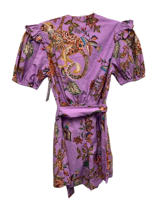 Farm Rio Size XXS Purple, Orange, & Multi Cotton Short Puff Sleeve V Neck Romper Purple, Orange, & Multi / XXS