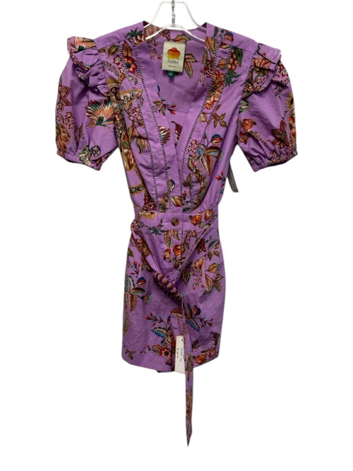 Farm Rio Size XXS Purple, Orange, & Multi Cotton Short Puff Sleeve V Neck Romper Purple, Orange, & Multi / XXS