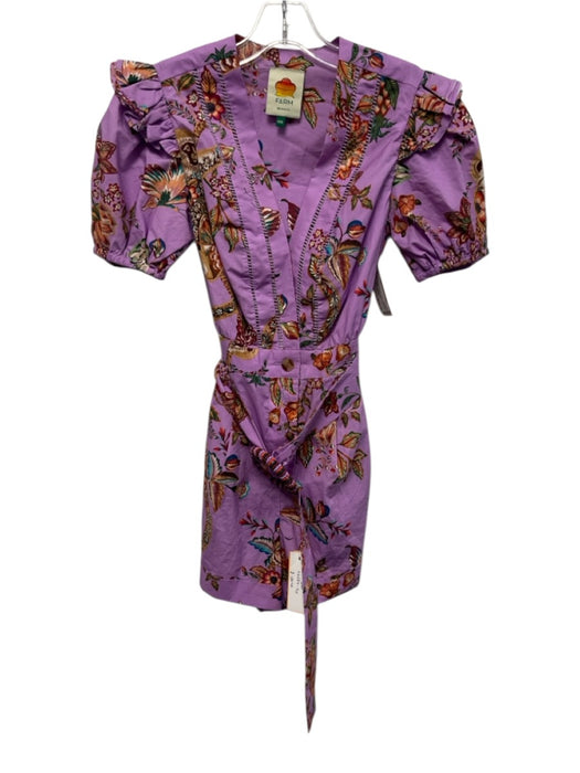 Farm Rio Size XXS Purple, Orange, & Multi Cotton Short Puff Sleeve V Neck Romper Purple, Orange, & Multi / XXS