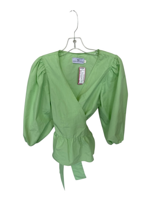 Never a Wallflower Size M Lime Cotton Poplin V Neck Balloon Sleeve Wrap Top Top Lime / M