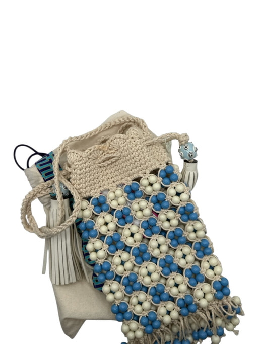 Tory Burch Blue & Cream Beaded Crochet Checkered Detail Tassle Detail Strap Bag Blue & Cream / Small