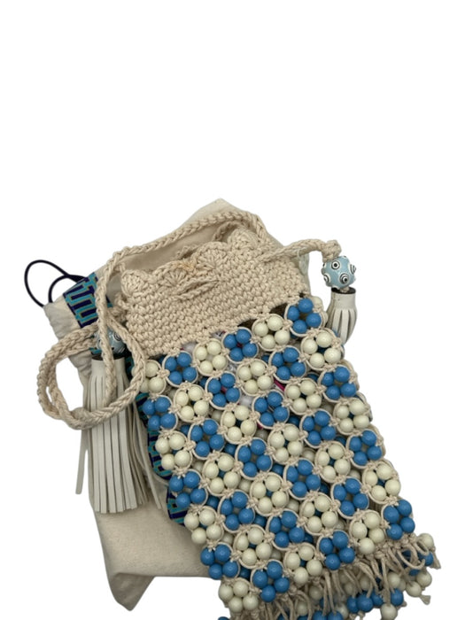 Tory Burch Blue & Cream Beaded Crochet Checkered Detail Tassle Detail Strap Bag Blue & Cream / Small