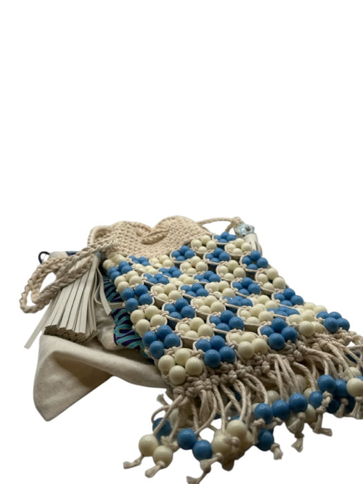 Tory Burch Blue & Cream Beaded Crochet Checkered Detail Tassle Detail Strap Bag Blue & Cream / Small