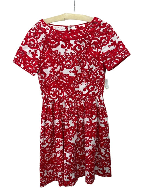 Oscar De La Renta Size 6 Red & White Cotton Blend All Over Print Darted Dress Red & White / 6