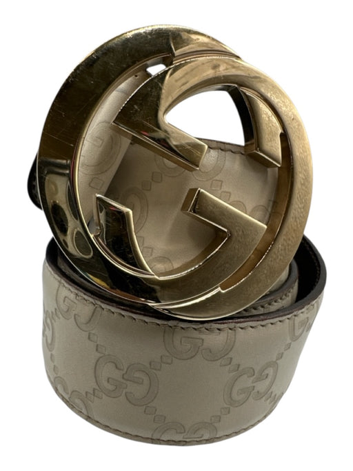 Gucci Cream & Gold Leather Embossed Gold Tone Buckle Belts Cream & Gold / 90 cm