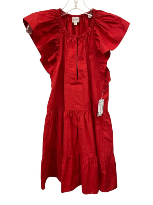 A.L.C. Size 00 Red Cotton Ruffle Cap Sleeve Split V neckline Tiered Skirt Dress Red / 00