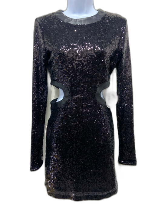 Staud Size S Black Nylon Sequin Cut Outs Leather Trim Knee length Dress Black / S