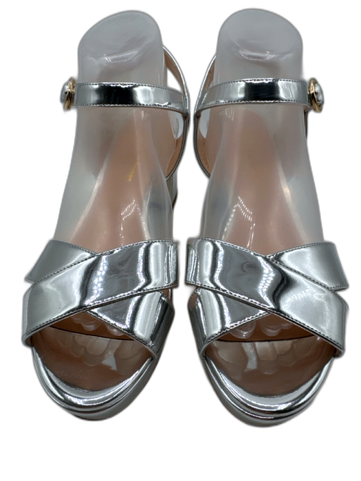 Rupert Sanderson Shoe Size 39.5 Silver Patent Peep Toe Pump Ankle Strap Sandals Silver / 39.5