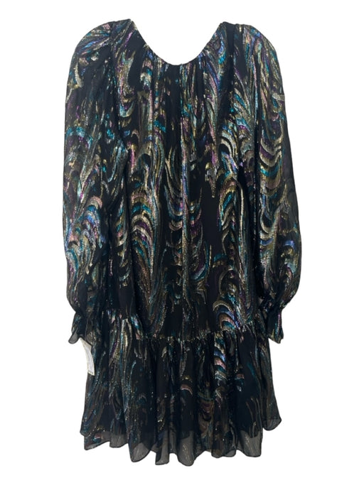 Trina Turk Size L Black & Multi Silk V Neck Metallic Long Sleeve Dress Black & Multi / L