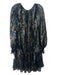 Trina Turk Size L Black & Multi Silk V Neck Metallic Long Sleeve Dress Black & Multi / L