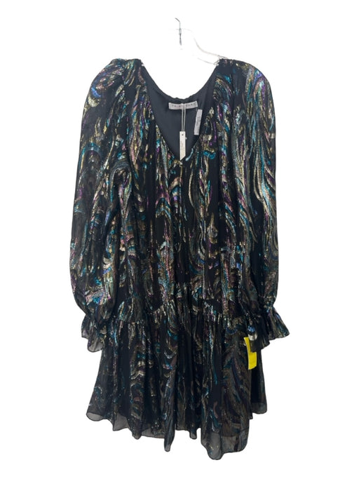 Trina Turk Size L Black & Multi Silk V Neck Metallic Long Sleeve Dress Black & Multi / L