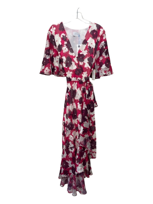 Tanya Taylor Size 16 Magenta & White Polyester Tie Detail Surplice Dress Magenta & White / 16