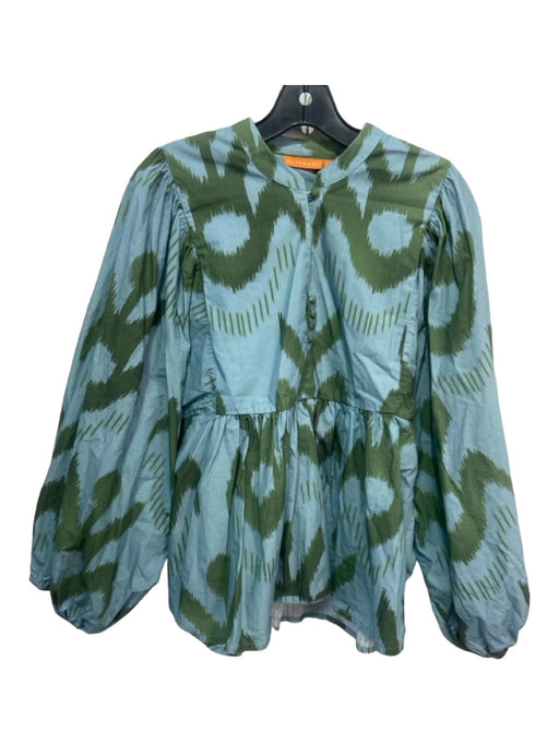 Oliphant Size L Green & Blue Cotton All Over Print Button Detail Top Green & Blue / L