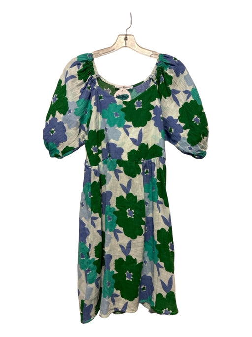 Michelle McDowell Size S Green & Blue Cotton Short Balloon Sleeve Flowers Dress Green & Blue / S