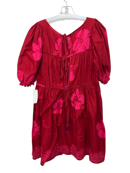 Natalie Martin Size Small Red & Pink Cotton Short Balloon Sleeve Floral Dress Red & Pink / Small