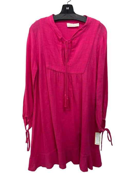 Natalie Martin Size Small Fuschia Cotton Long Sleeve Tie Neck Knee Length Dress Fuschia / Small