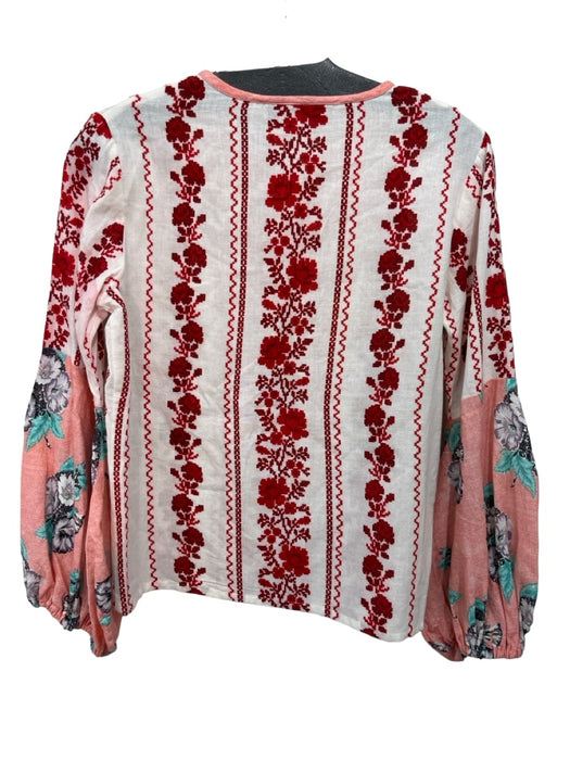 D'Ascoli Size XS White, Pink & Red Cotton Long Balloon Sleeve Lace Up Neck Top White, Pink & Red / XS