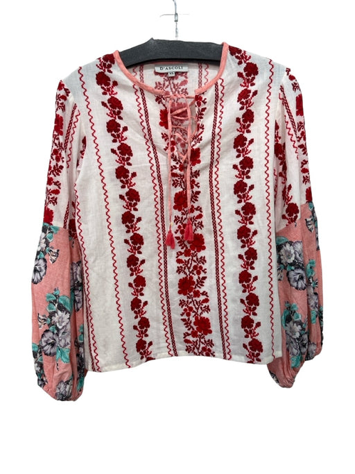 D'Ascoli Size XS White, Pink & Red Cotton Long Balloon Sleeve Lace Up Neck Top White, Pink & Red / XS