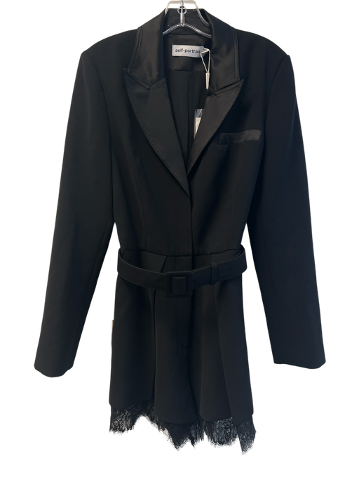 Self Portrait Size 8 Black Polyester Zip Fly Lapel Long Sleeve Lace Hem Romper Black / 8