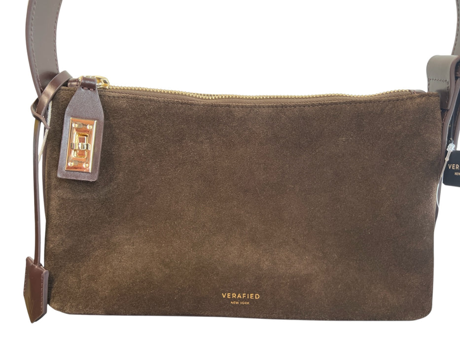 Verafied Brown Suede Adjustable Strap Top Zip Gold Hardware Bag Brown / Small