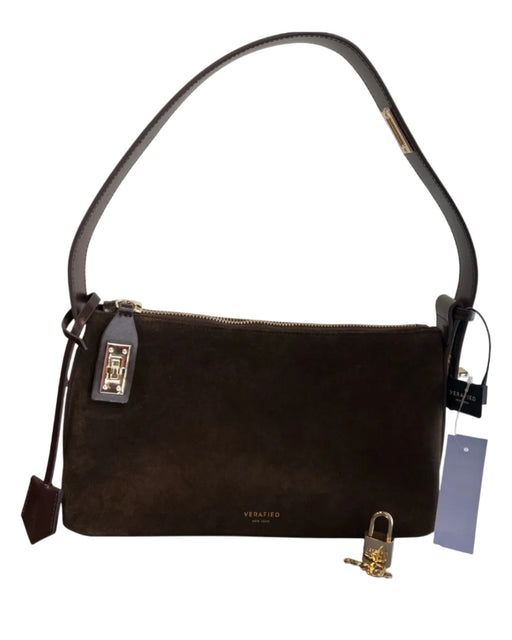 Verafied Brown Suede Adjustable Strap Top Zip Gold Hardware Bag Brown / Small