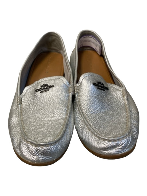 Coach Shoe Size 9.5 Silver Leather Crinkle Almond Toe Logo Driving Loafer Shoes Silver / 9.5