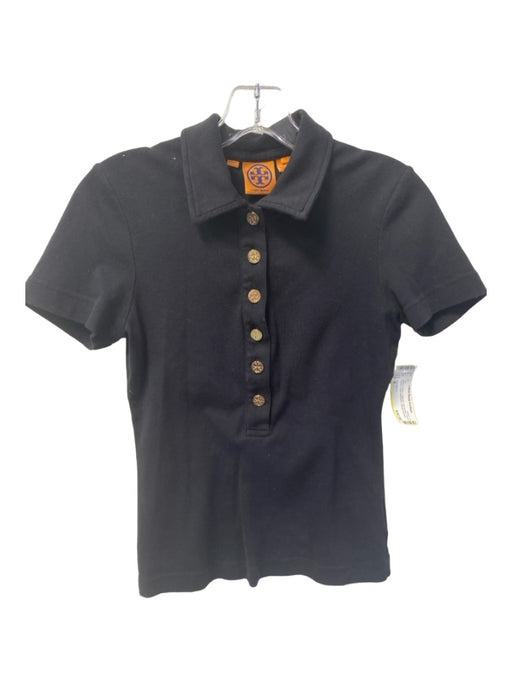 Tory Burch Size S Black Cotton Collared Half Button Short Sleeve Top Black / S