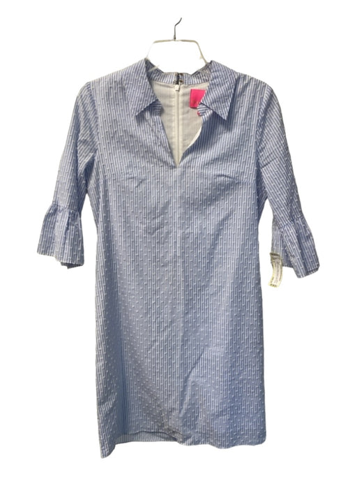 Lily Pulitzer Size 2 White & Blue Cotton Stripe Collared V Neck Textured Dress White & Blue / 2