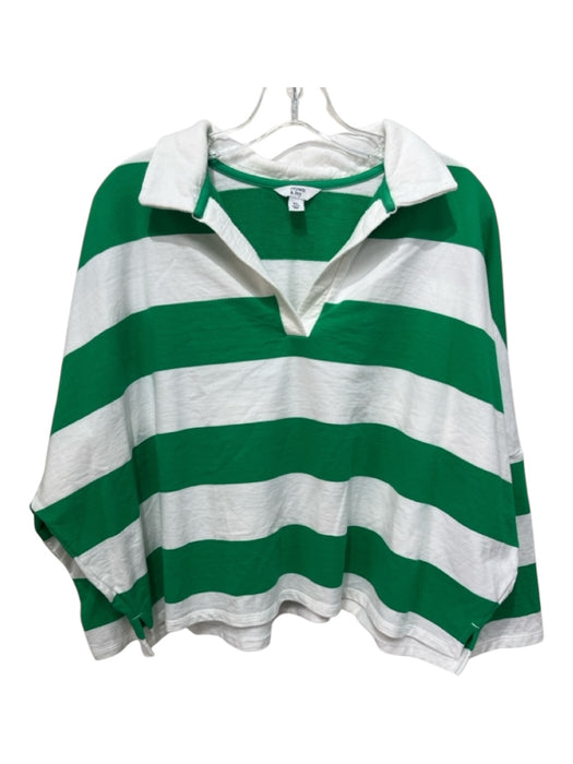 Crown & Ivy Size XL Green & White Cotton Horizontal Stripes V Neck Top Green & White / XL