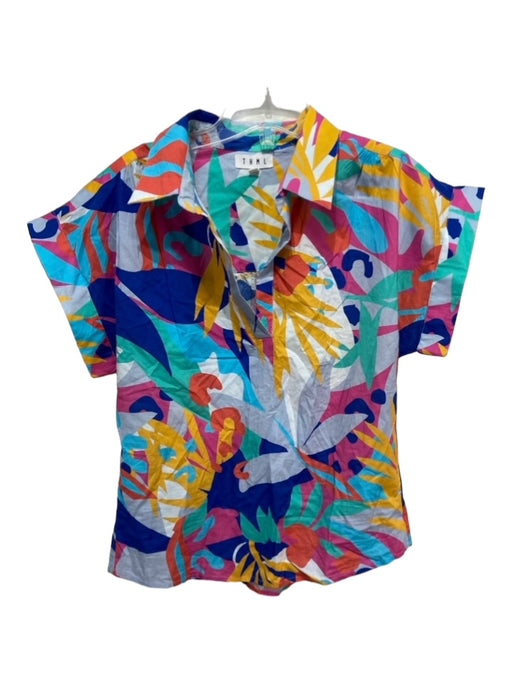 THML Size S Blue & Multi Cotton Abstract Leaf Print Collared V Neck Top Blue & Multi / S