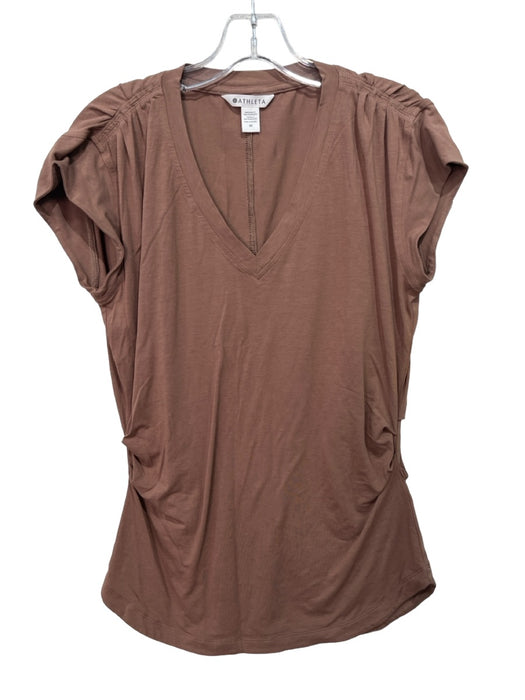 Athleta Size M Brown Cotton Blend V Neck Cap Sleeve Ruched Shoulder Top Brown / M