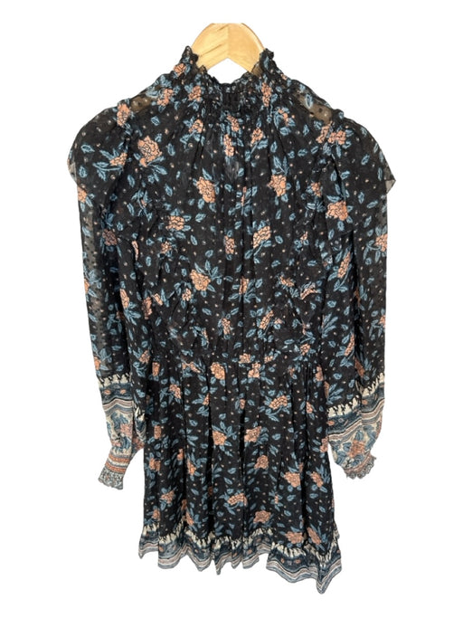 Ulla Johnson Size 4 Blue & Peach Silk Blend Mock Neck Flowers Long Sleeve Dress Blue & Peach / 4