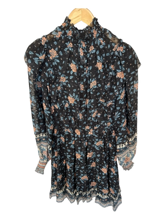 Ulla Johnson Size 4 Blue & Peach Silk Blend Mock Neck Flowers Long Sleeve Dress Blue & Peach / 4