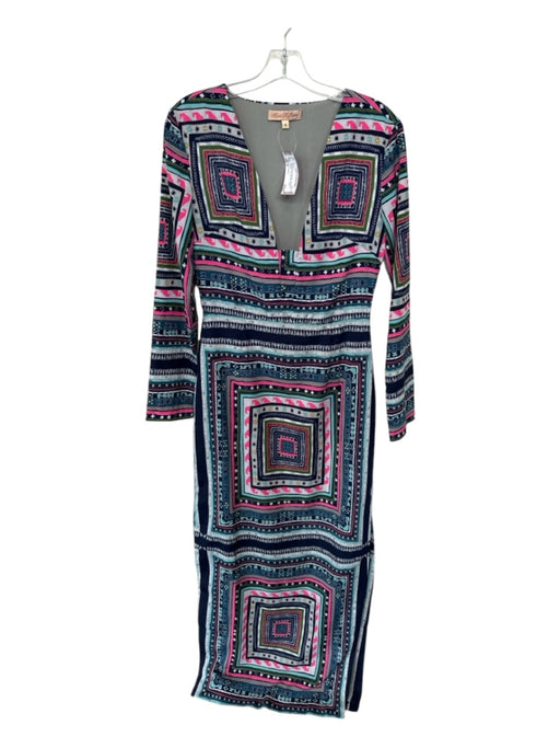 Mara Hoffman Size 6 Navy & Pink Polyester Long Sleeve Abstract Side Slits Dress Navy & Pink / 6