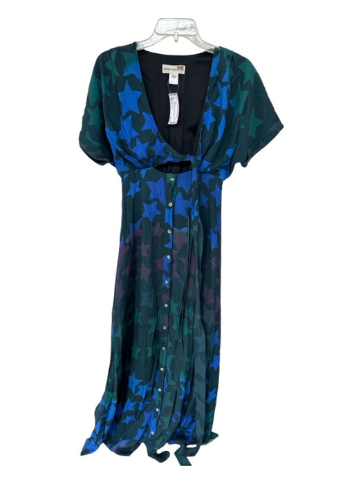 Mara Hoffman Size 0 Navy & Green Rayon Short Sleeve stars Front Tie Maxi Dress Navy & Green / 0