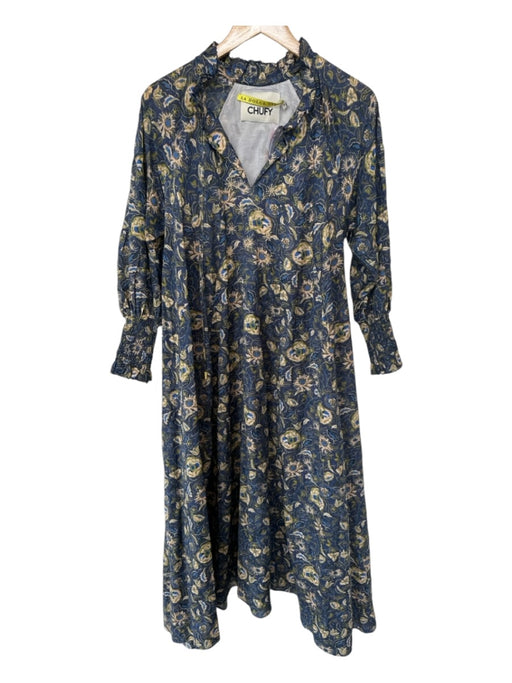 Chufy Size S Navy & Green Cotton & Silk Long Balloon Sleeve Botanical Maxi Dress Navy & Green / S