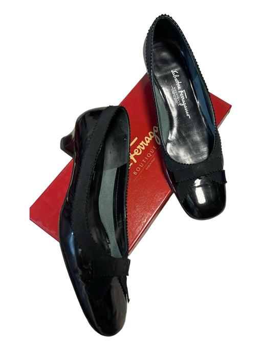 Salvatore Ferragamo Shoe Size 9.5 Black Patent Leather Ribbon Square Toe Pumps Black / 9.5