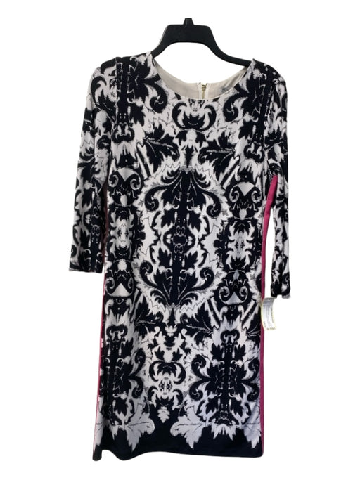 Eliza J Size 8 White, Black & Pink Polyester Back Zip Round Neck Abstract Dress White, Black & Pink / 8