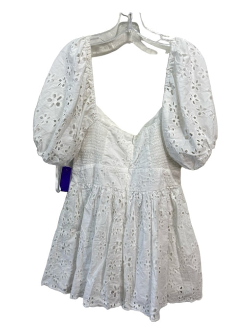 For Love & Lemons Size XL White Cotton Eyelet Floral Tie Short Puff Sleeve Dress White / XL