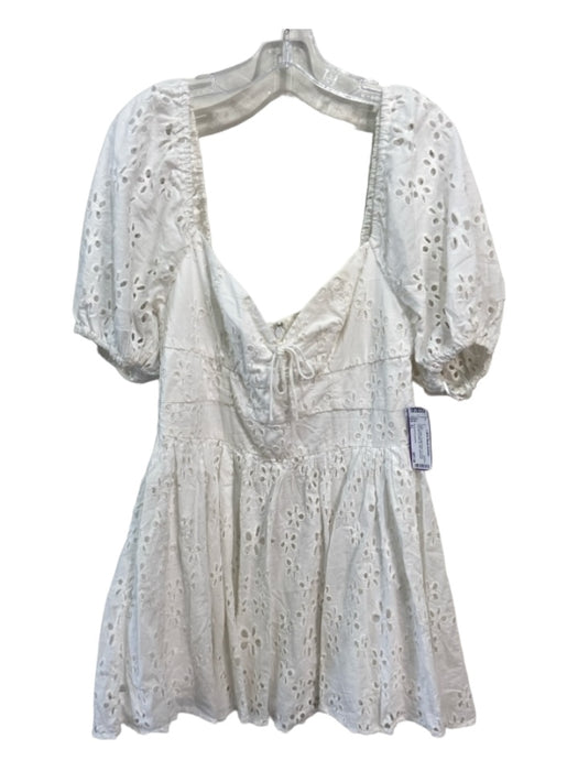 For Love & Lemons Size XL White Cotton Eyelet Floral Tie Short Puff Sleeve Dress White / XL