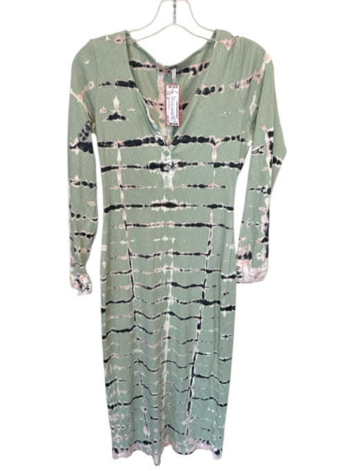 Young Fab & Broke Size M Green & Peach Cotton Blend Long Sleeve Tie Dye Dress Green & Peach / M