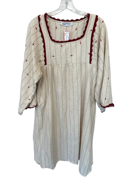 Zara Size S Tan & Red Cotton Long Sleeve Scallopped Hem Lines Maxi Dress Tan & Red / S