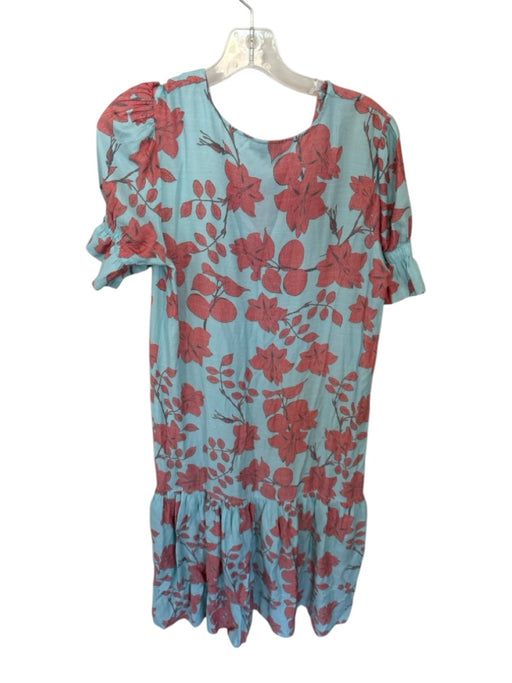 Lobo.Rosa Size S Blue & Red Polyester Short Balloon Sleeve Flowers Buttons Dress Blue & Red / S