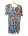 Lobo.Rosa Size S Blue & Red Polyester Short Balloon Sleeve Flowers Buttons Dress Blue & Red / S