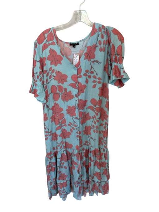 Lobo.Rosa Size S Blue & Red Polyester Short Balloon Sleeve Flowers Buttons Dress Blue & Red / S