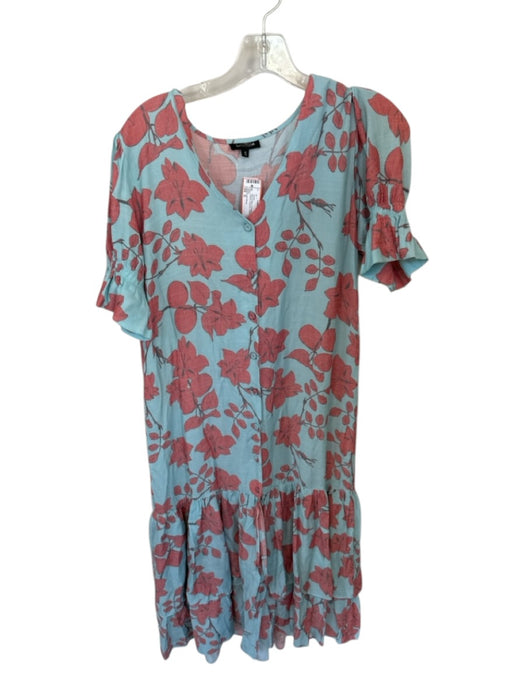 Lobo.Rosa Size S Blue & Red Polyester Short Balloon Sleeve Flowers Buttons Dress Blue & Red / S