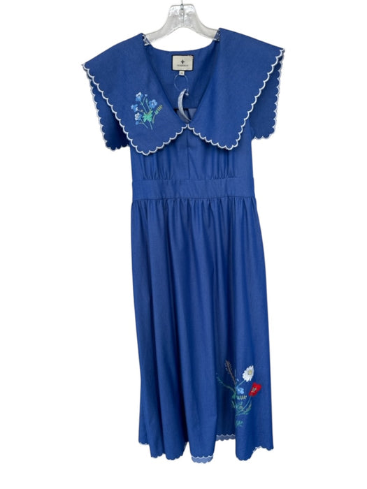 Tuckernuck Size XS Blue & Green Cotton bib Embroidered Flowers Scalloped Dress Blue & Green / XS