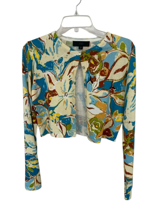 Zara Size S Yellow & Blue Cotton Long Sleeve Flowers Cropped Cardigan Sweater Yellow & Blue / S